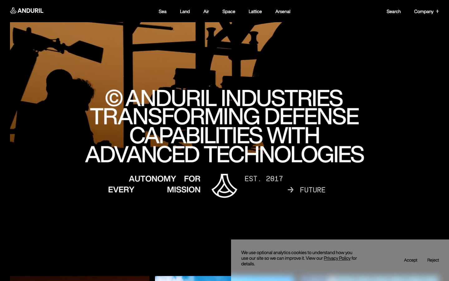 Screenshot of anduril.com — Hardware & Mobility website design