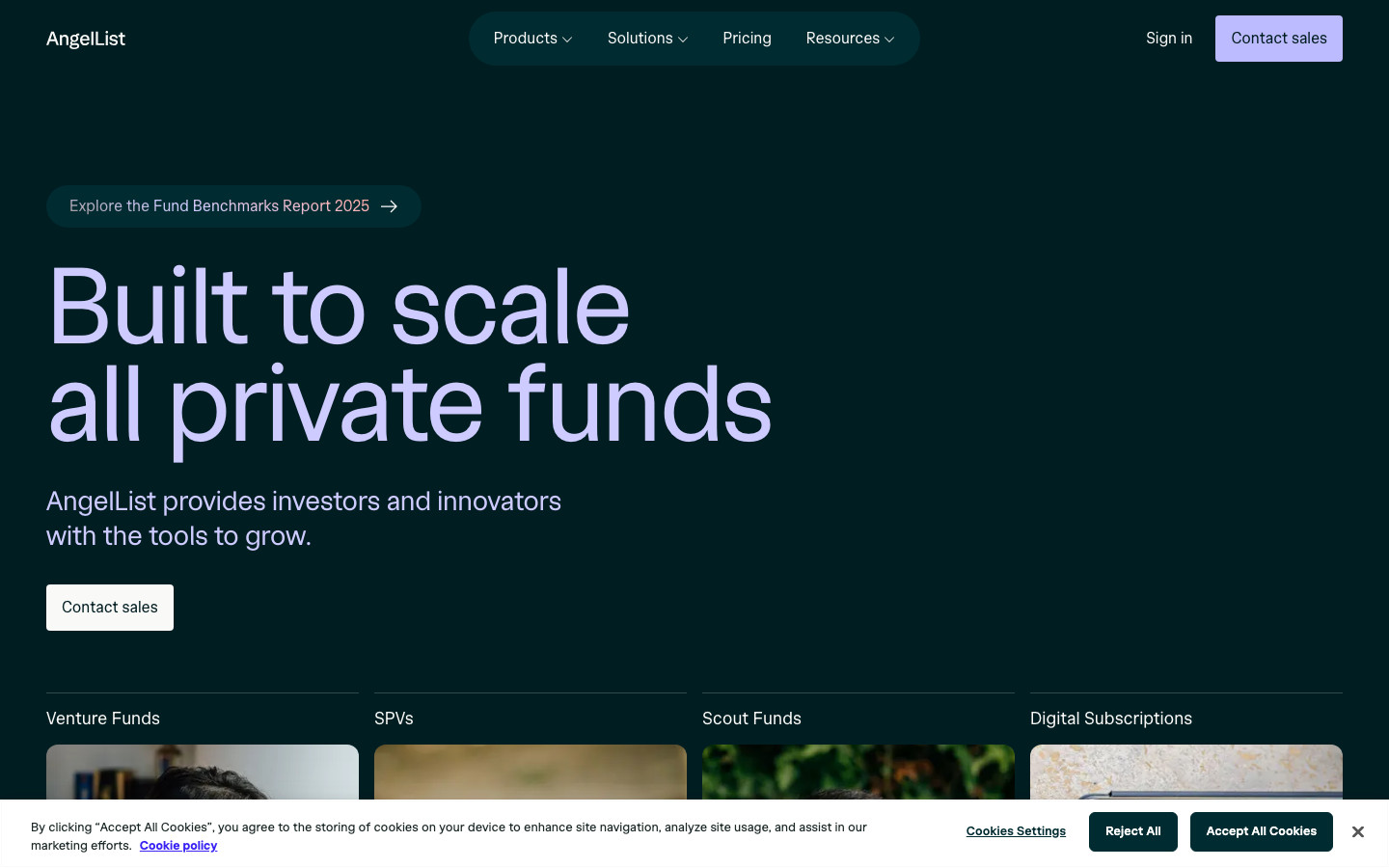 Screenshot of angellist.com — Fintech website design