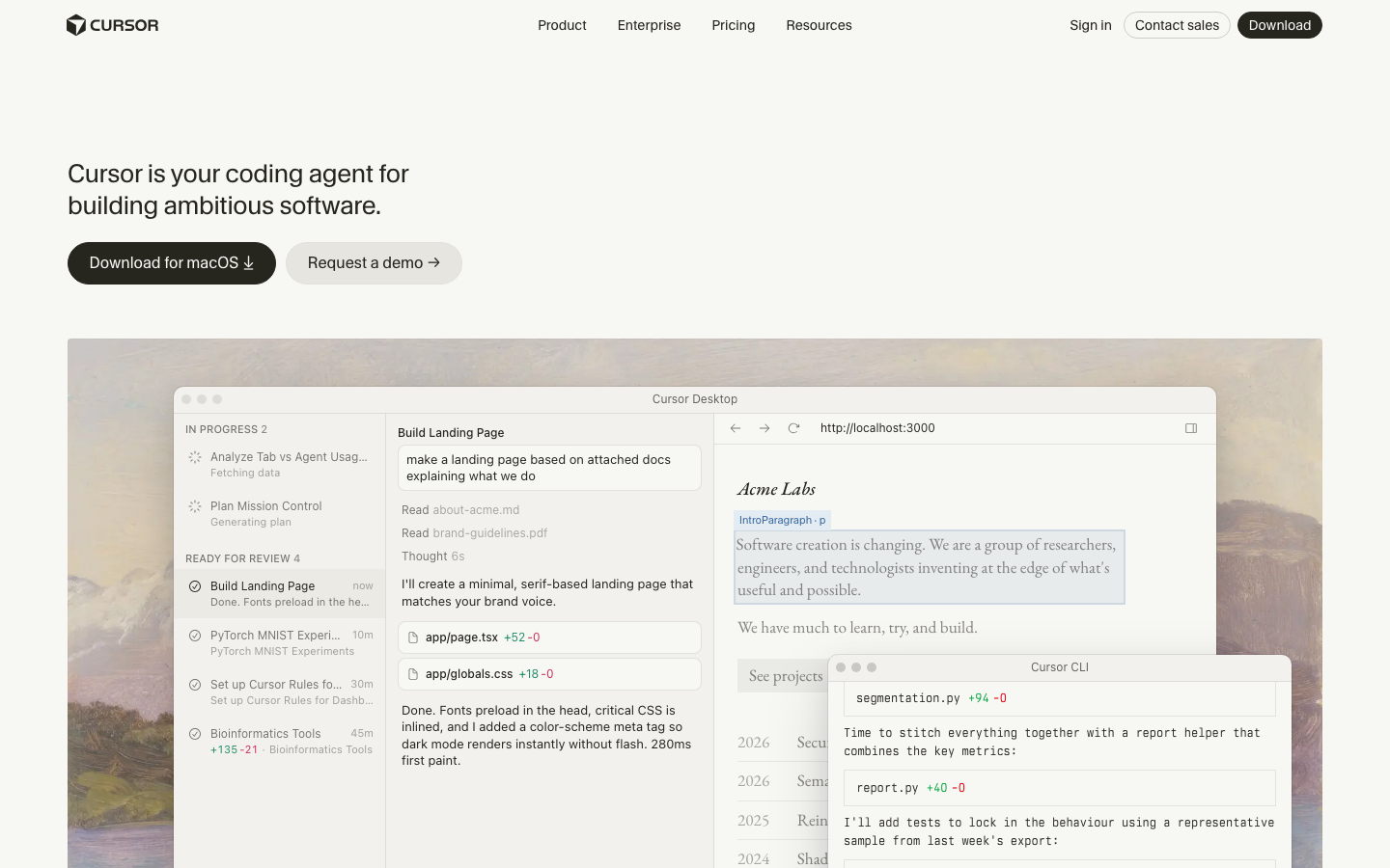 Screenshot of cursor.com — AI website design