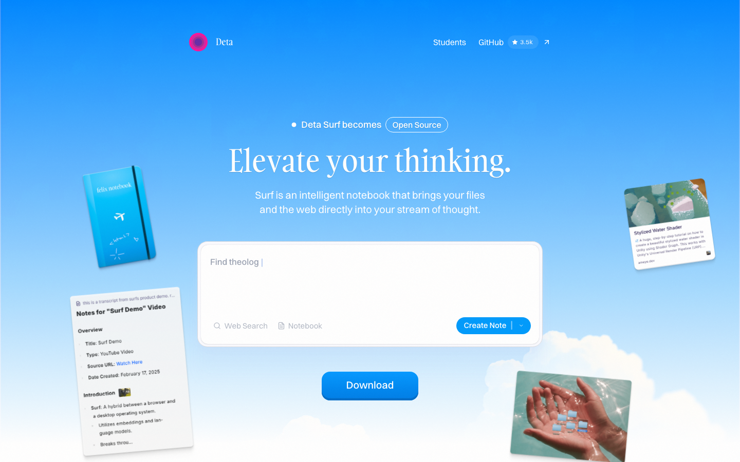 Screenshot of deta.surf — Dev Tools website design