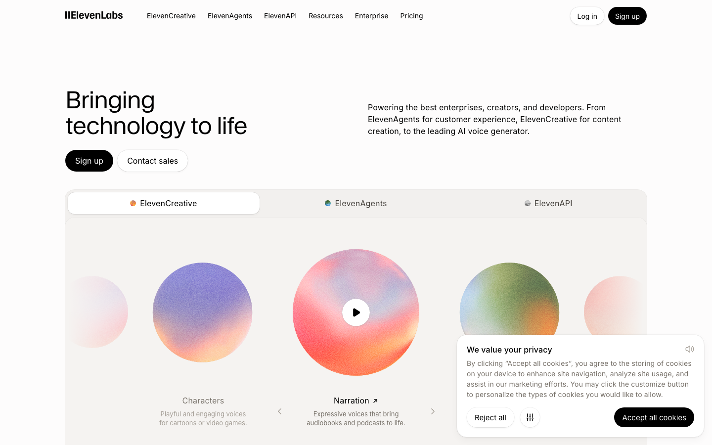 Screenshot of elevenlabs.io — AI website design