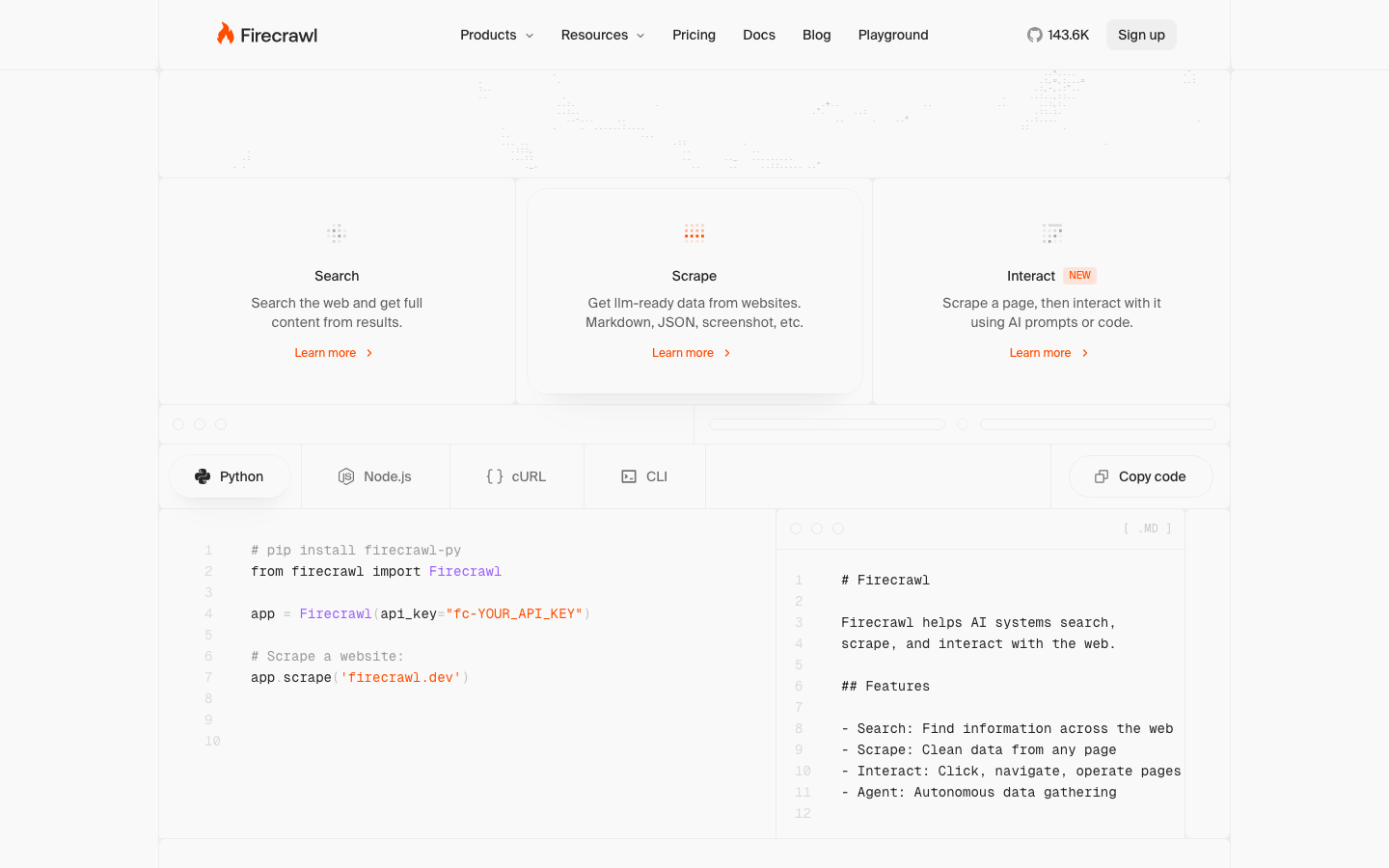 Screenshot of firecrawl.dev — Dev Tools website design