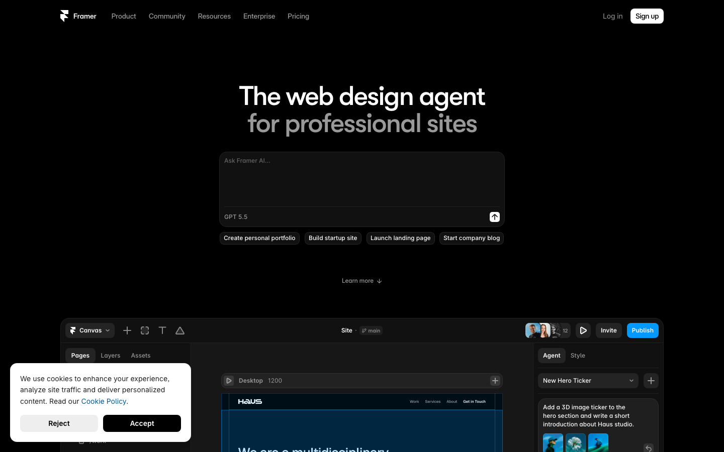 Screenshot of framer.com — Design & Studios website design