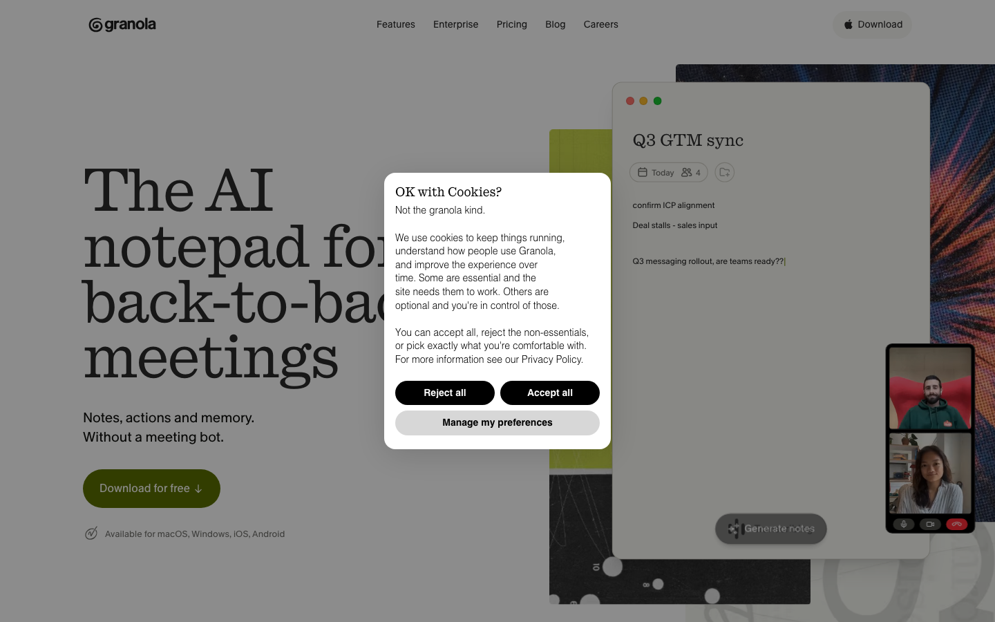 Screenshot of granola.ai — AI website design