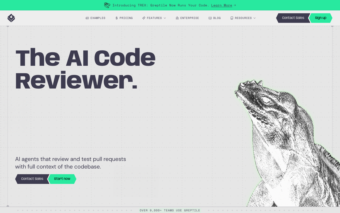 Screenshot of greptile.com — Dev Tools website design