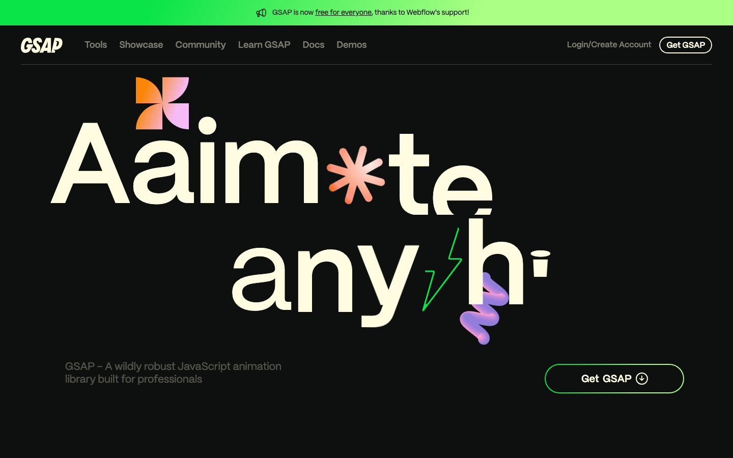Screenshot of gsap.com — Dev Tools website design