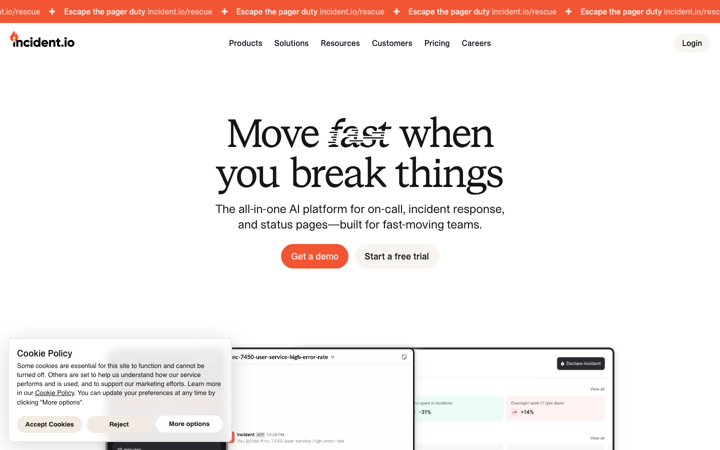 Screenshot of incident.io — Dev Tools website design