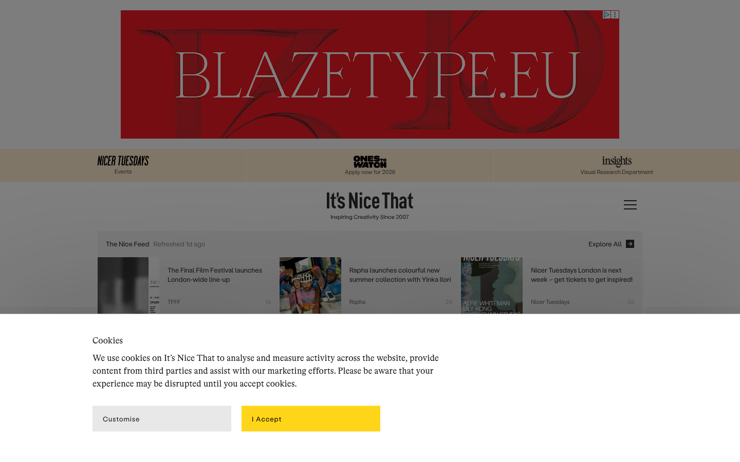 Screenshot of itsnicethat.com — Media & Culture website design