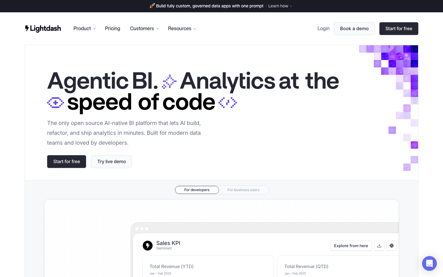 Screenshot of lightdash.com — Dev Tools website design