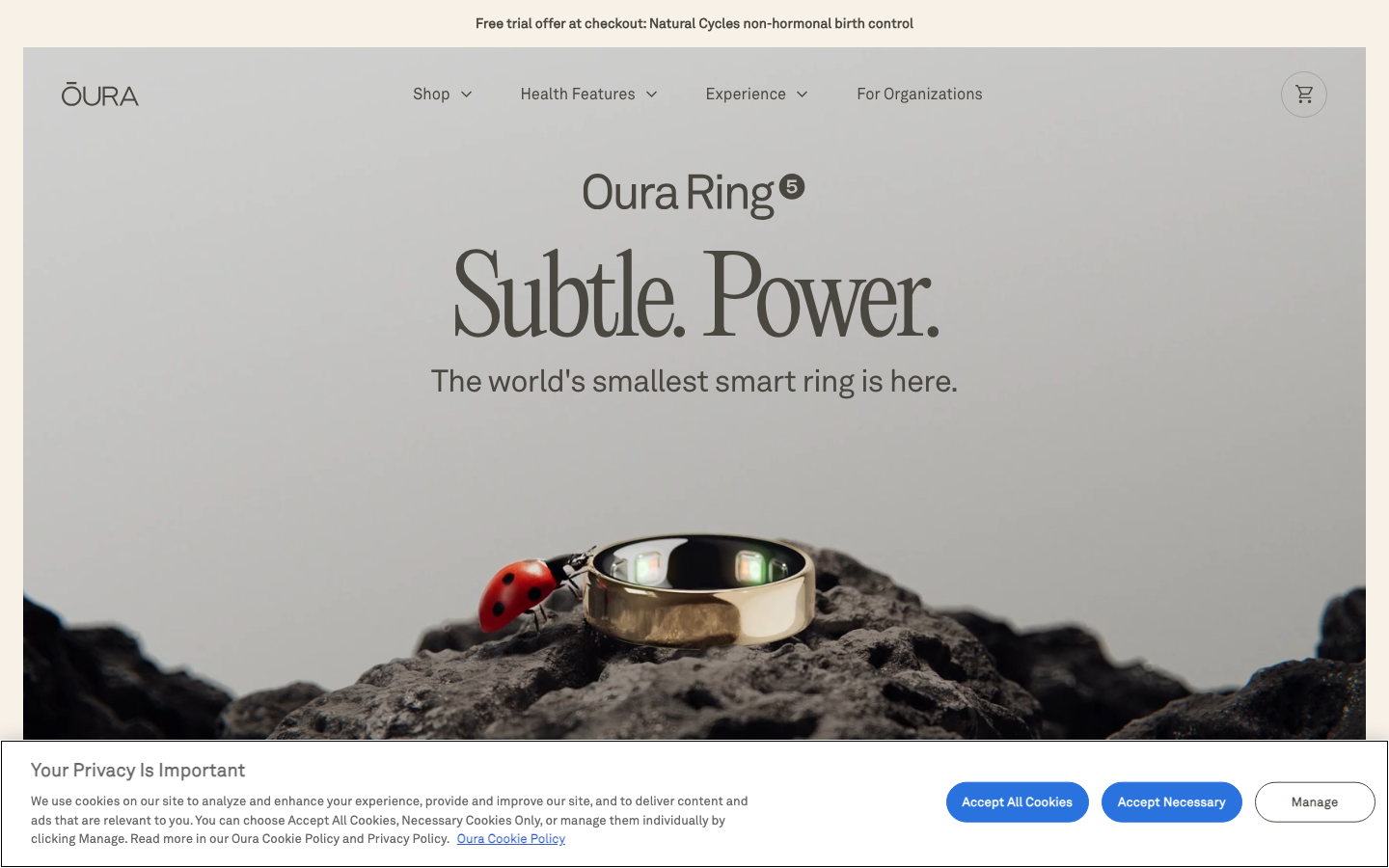 Screenshot of ouraring.com — Health & Wellness website design