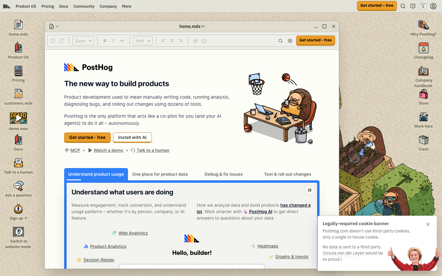 Screenshot of posthog.com — Dev Tools website design