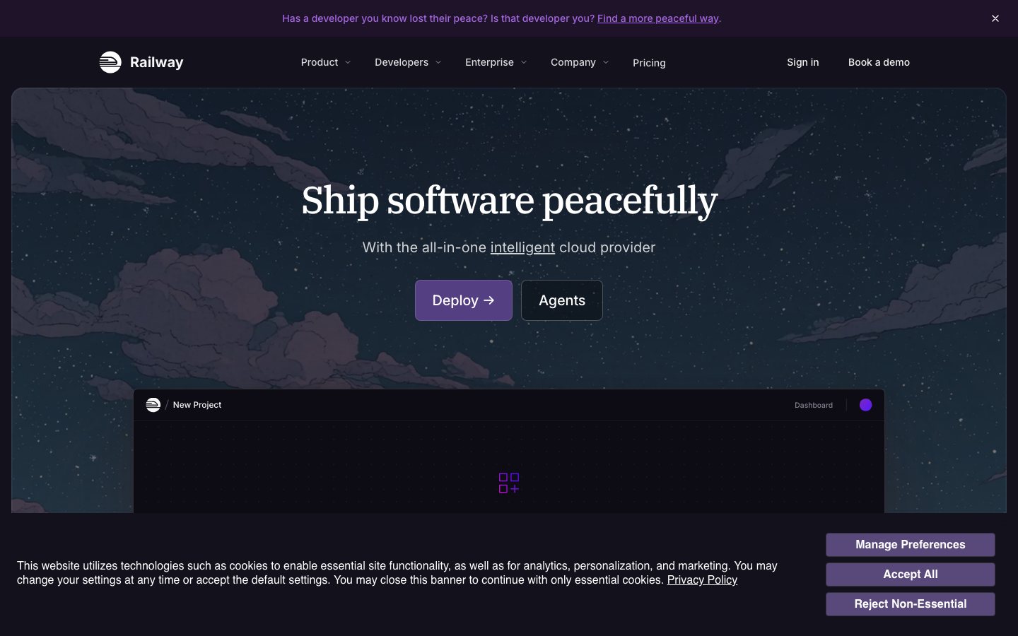 Screenshot of railway.com — Dev Tools website design