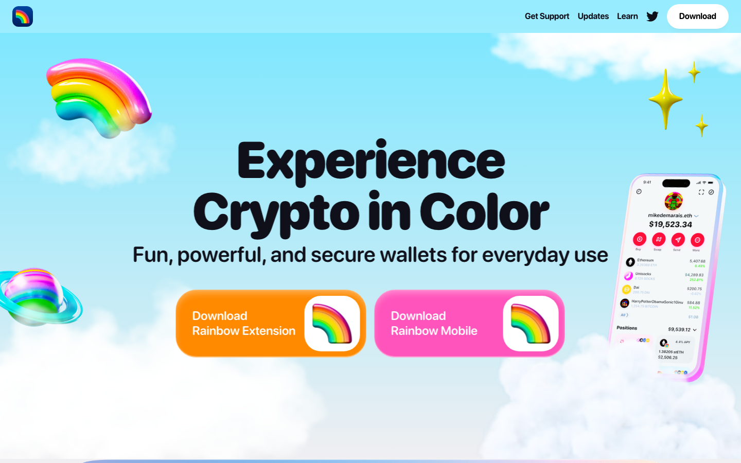 Screenshot of rainbow.me — Crypto & Web3 website design