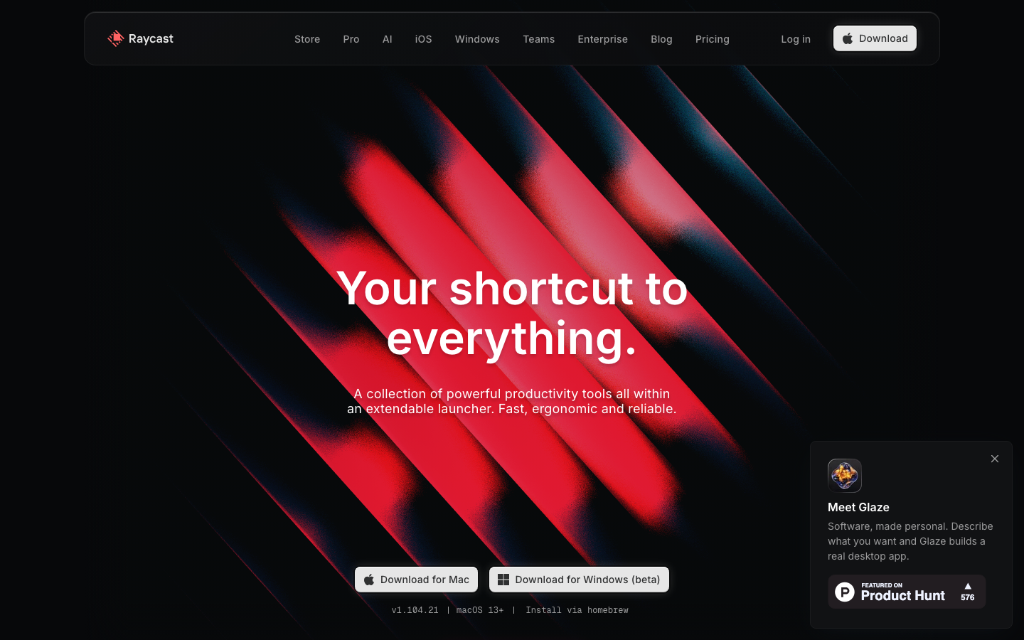 Screenshot of raycast.com — Dev Tools website design
