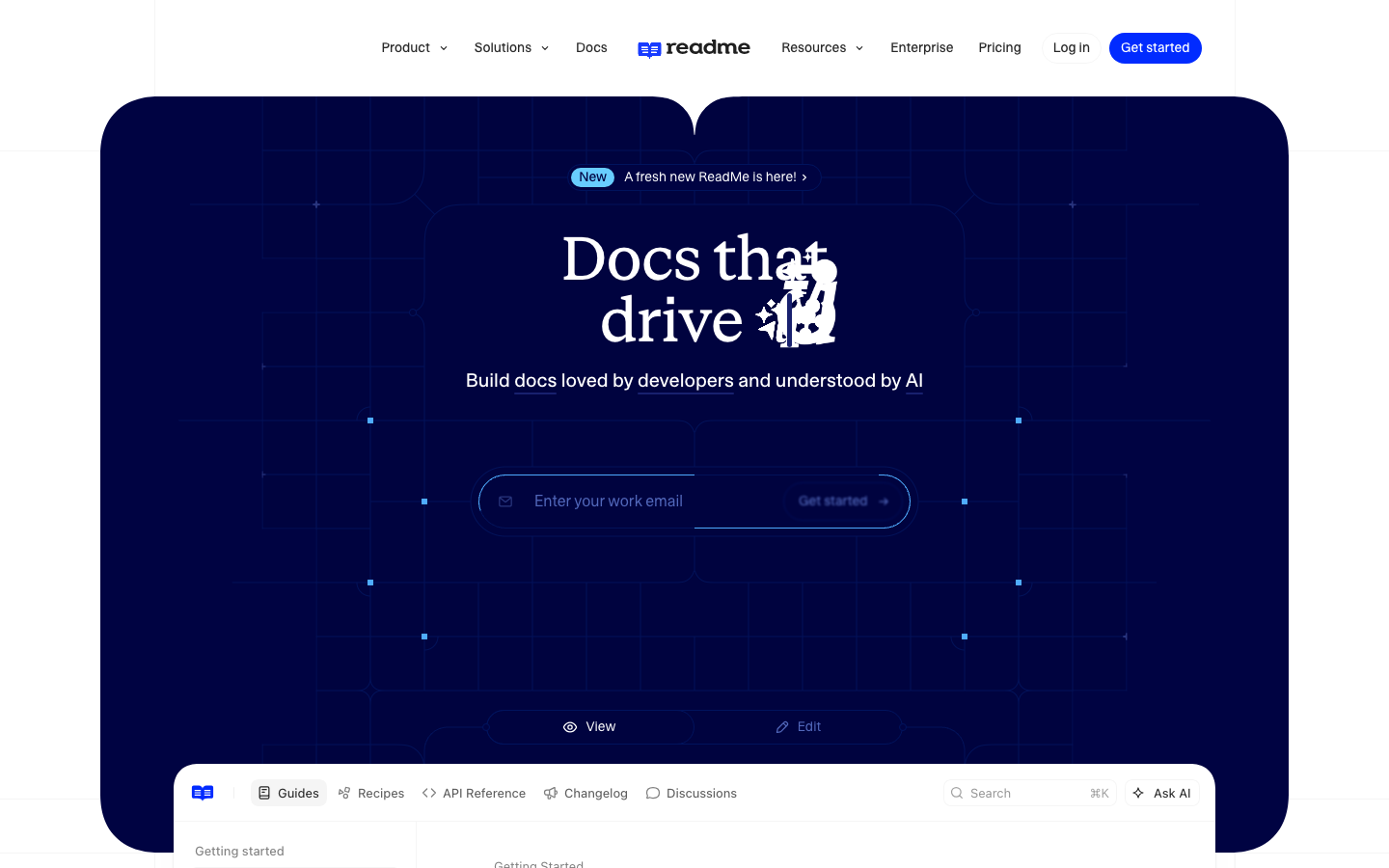 Screenshot of readme.com — Dev Tools website design