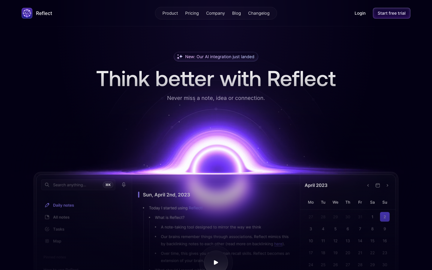 Screenshot of reflect.app — SaaS & Productivity website design