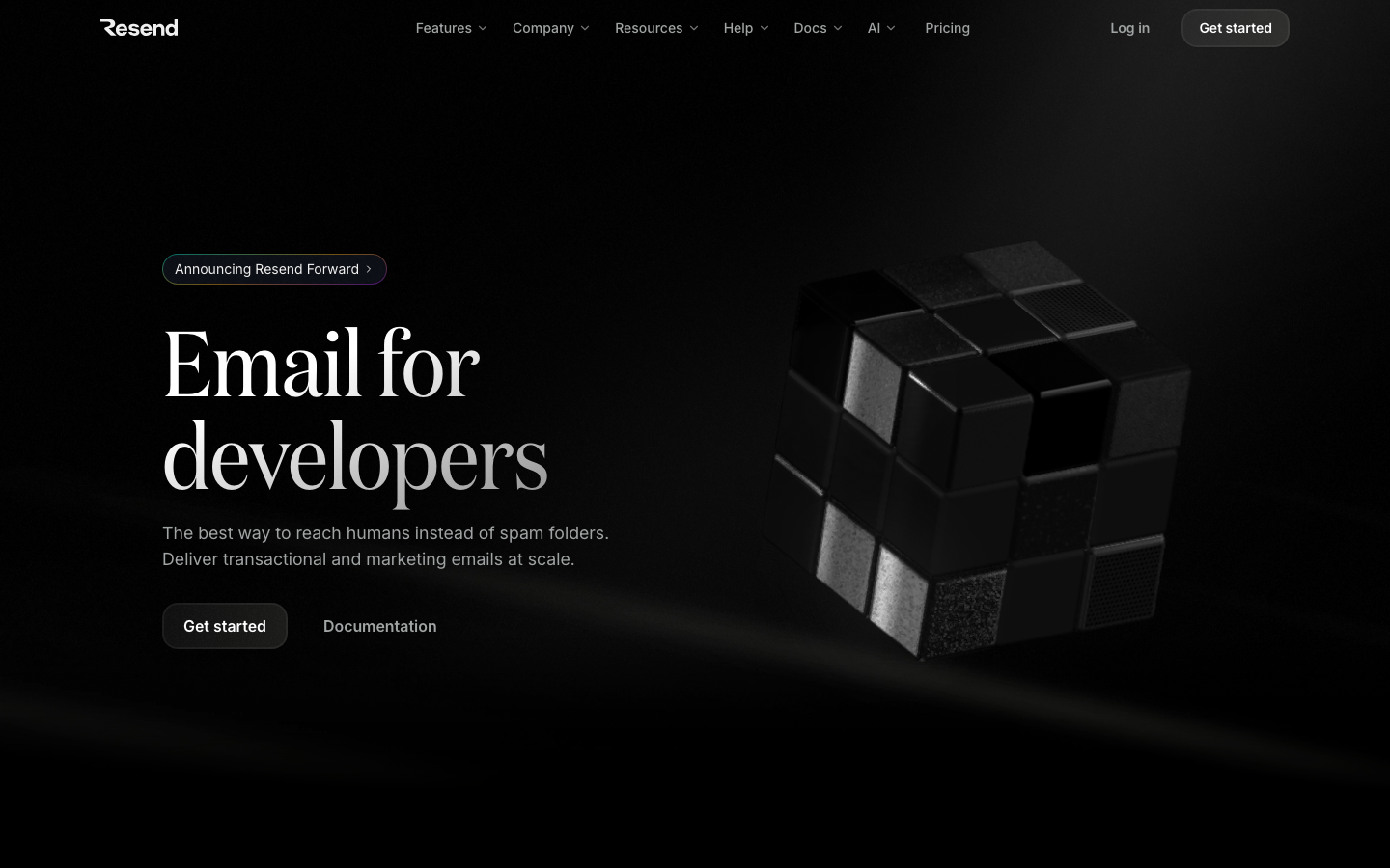 Screenshot of resend.com — Dev Tools website design