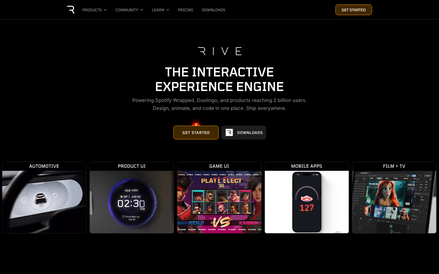 Screenshot of rive.app — Dev Tools website design