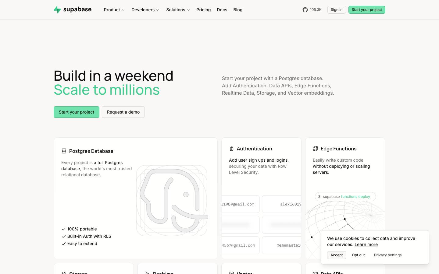Screenshot of supabase.com — Dev Tools website design