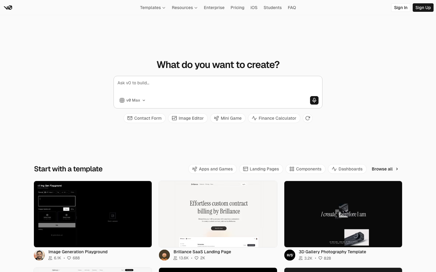 Screenshot of v0.app — AI website design