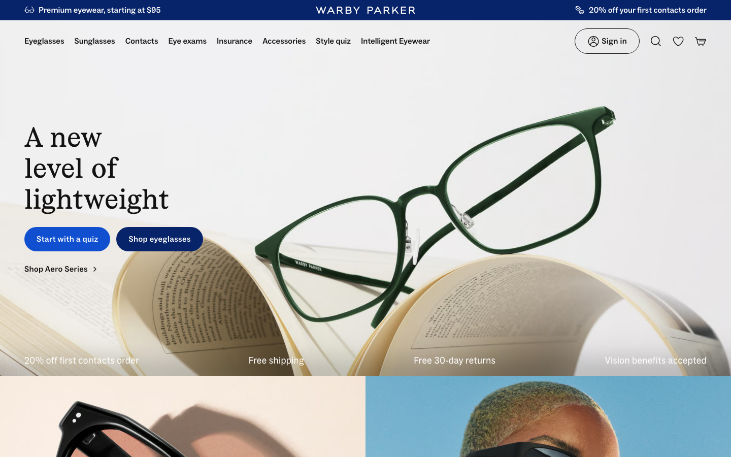 Screenshot of warbyparker.com — E-commerce website design