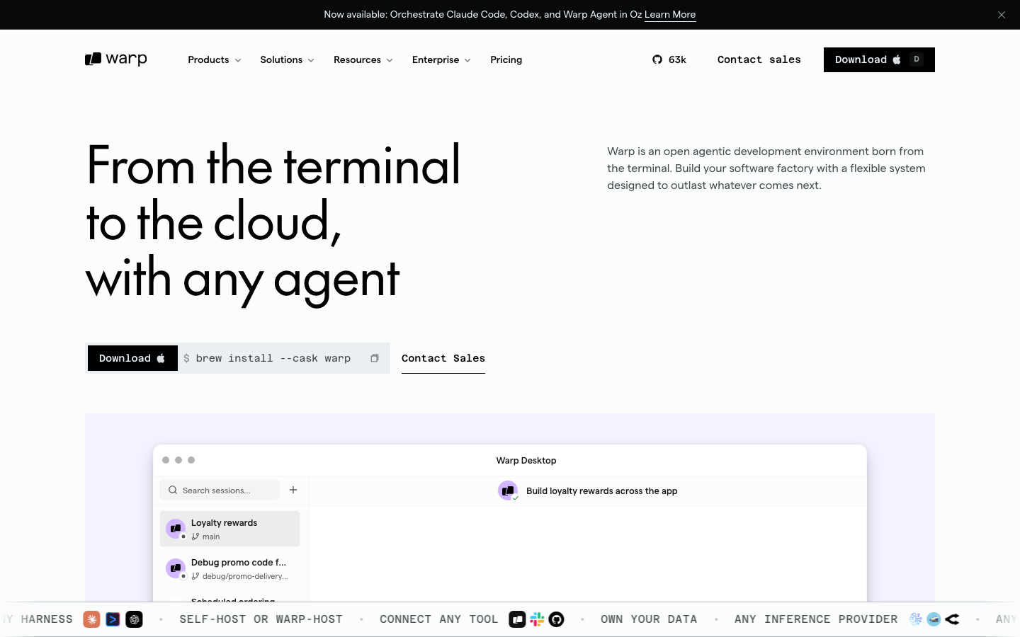 Screenshot of warp.dev — Dev Tools website design