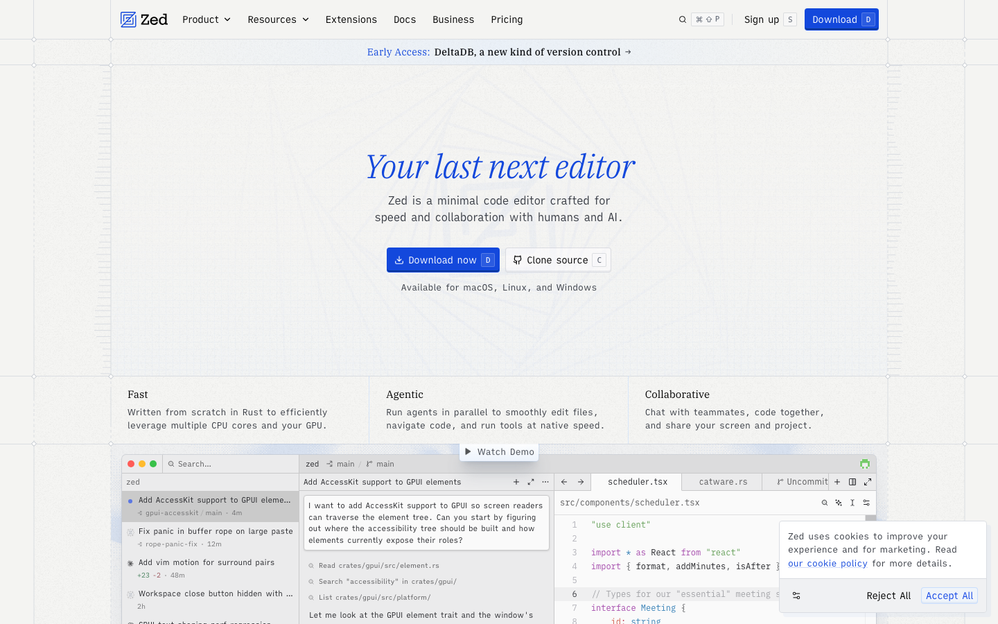 Screenshot of zed.dev — Dev Tools website design